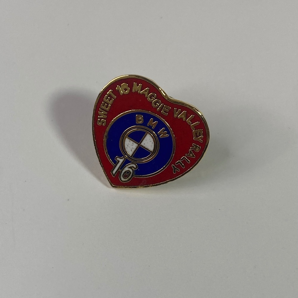 Vintage BMW Sweet 16 Maggie Valley Rally Heart Enamel Pin Gold Tone Red Blue